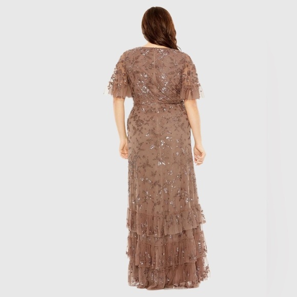 MAC DUGGAL 9270 Sequin Embellished Flutter Sleeve Faux Wrap V-Neck Tiered Gown - Picture 3 of 8